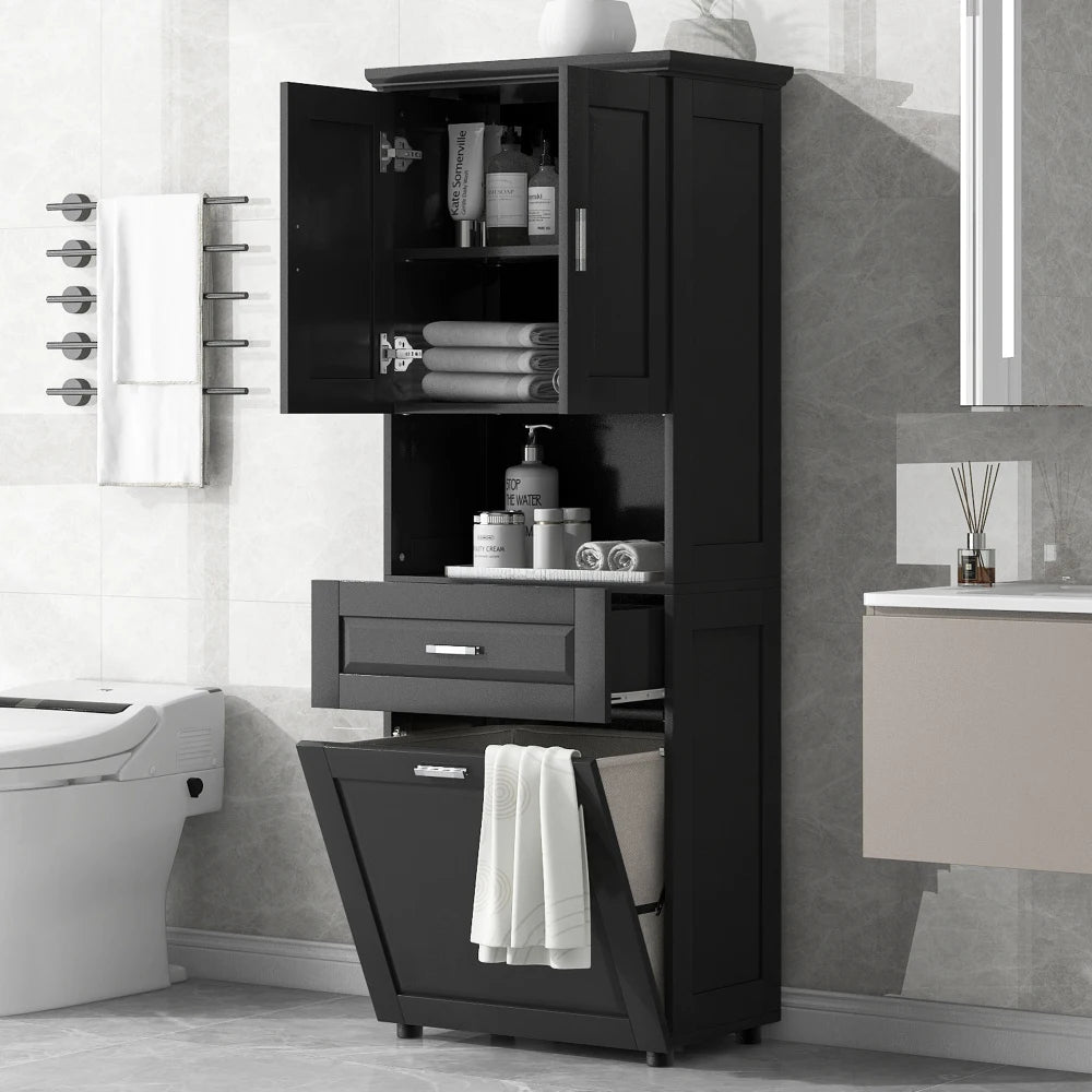 Tall Bathroom Cabinet with Laundry Basket, Large Storage Space, Tilt-Out Laundry Hamper and Upper Storage Cabinet, White