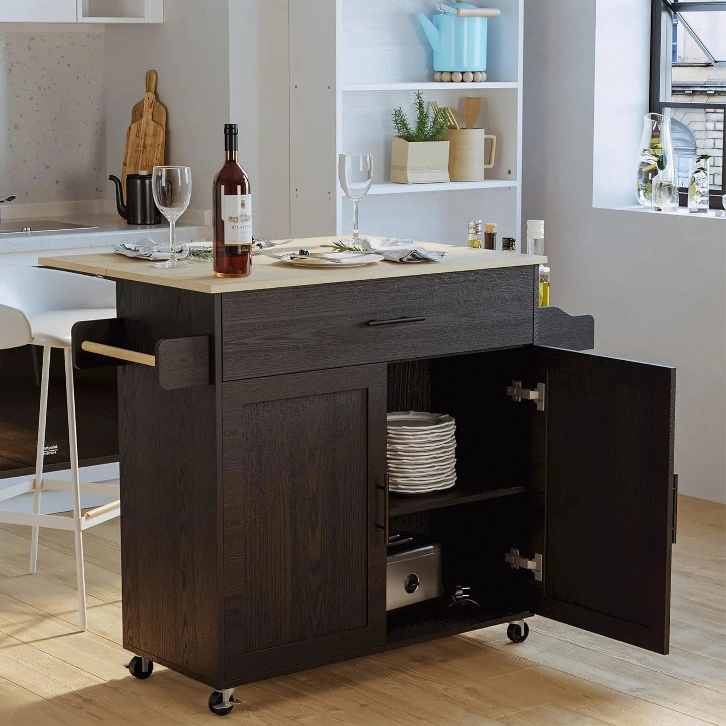 Rolling Kitchen Island Table on Wheels with Drop Leaf, Storage Cabinet, Drawer, Spice Rack, Towel Rack, Kitchen Cart, White