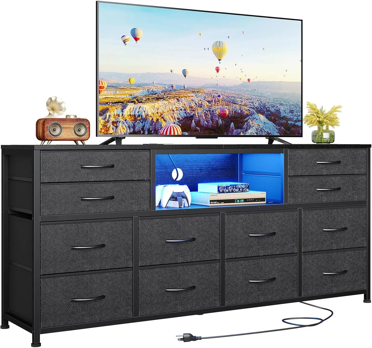 55" Entertainment LED TV Stand Dresser for Bedroom with Power Outlets,12 Drawers, and Media Console Table