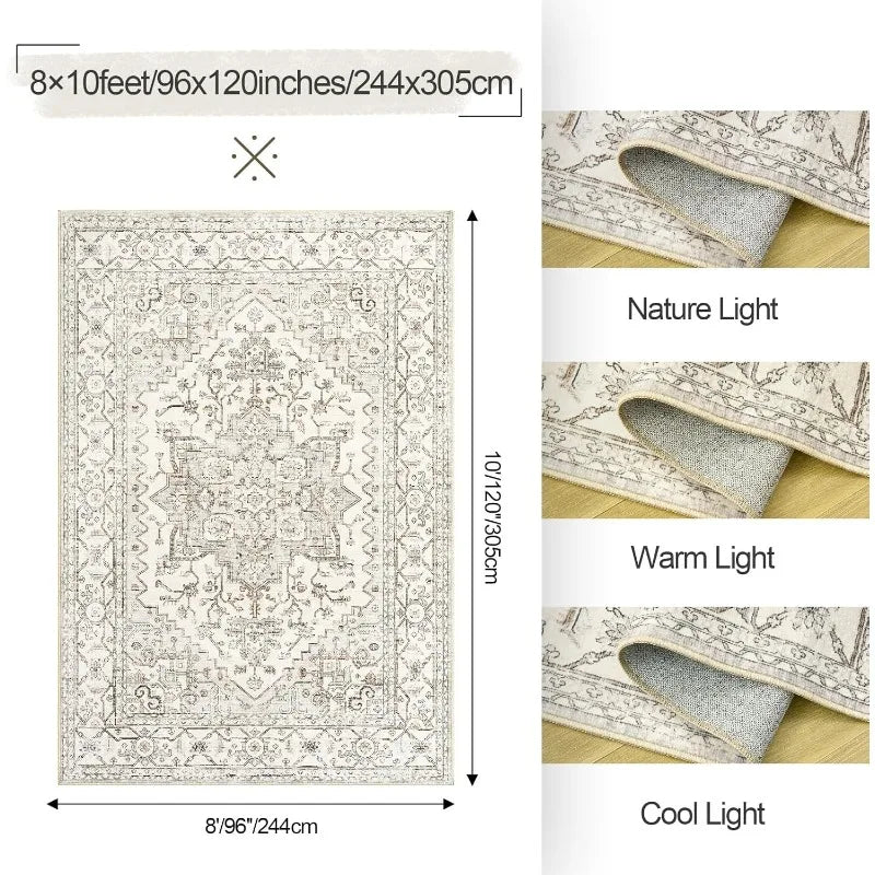 8'x10' Vintage Area Neutral Non-Slip Stain Resistant Washable Rug for Living Room and Dining Room