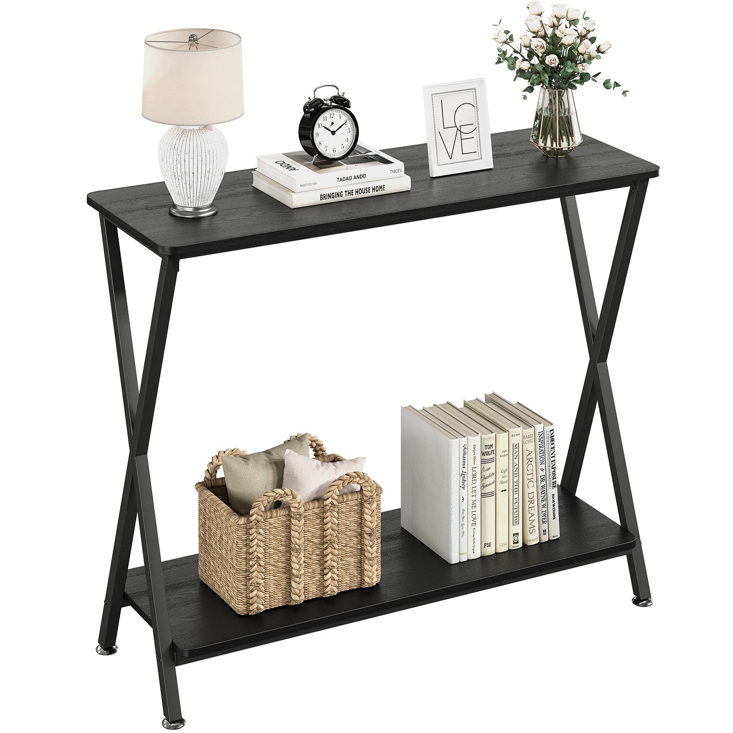 Narrow Console Metal Frame Wood Sofa 2-Tier Industrial Entryway Table with Shelf For Living Room, 80*30*81cm