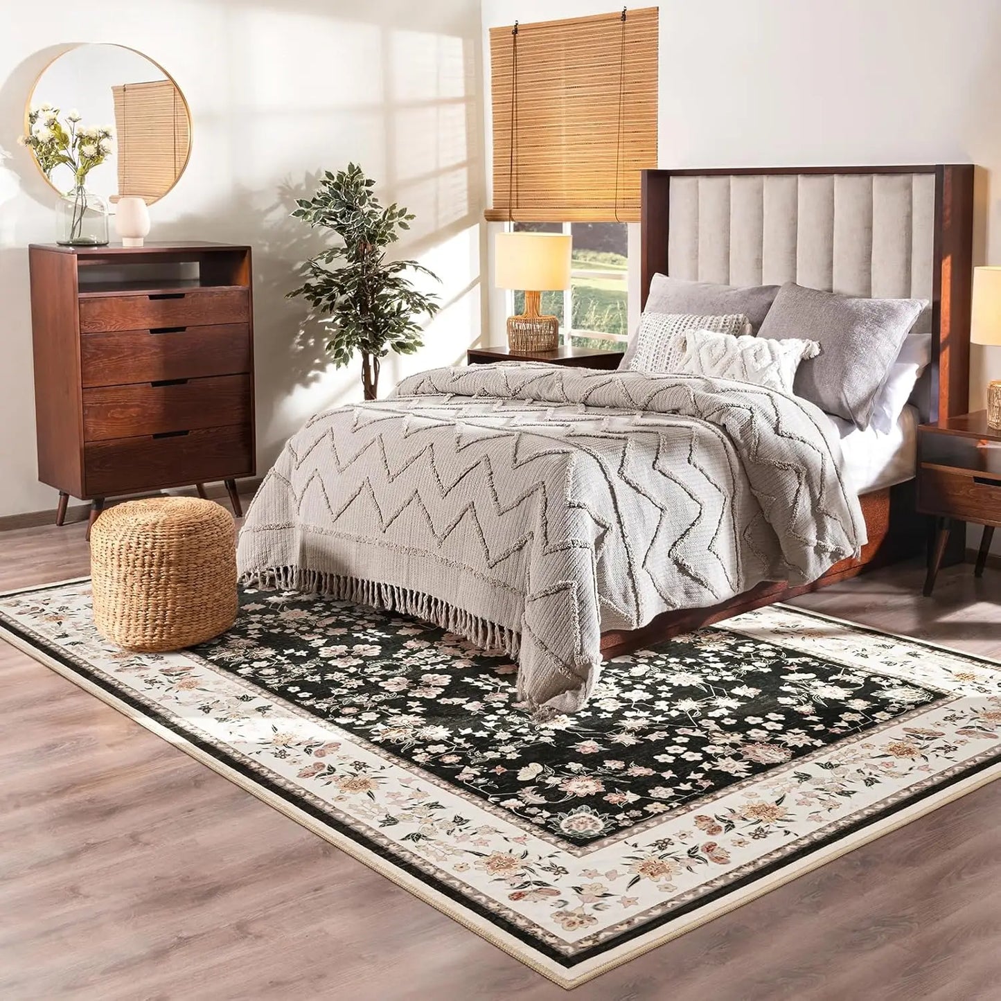 Washable Vintage Floral Print Soft Low Pile Non-Slip Rugs for Living Room and Bedroom