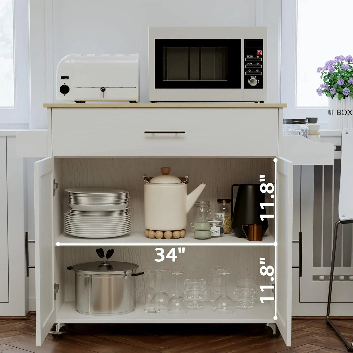 Rolling Kitchen Island Table on Wheels with Drop Leaf, Storage Cabinet, Drawer, Spice Rack, Towel Rack, Kitchen Cart, White