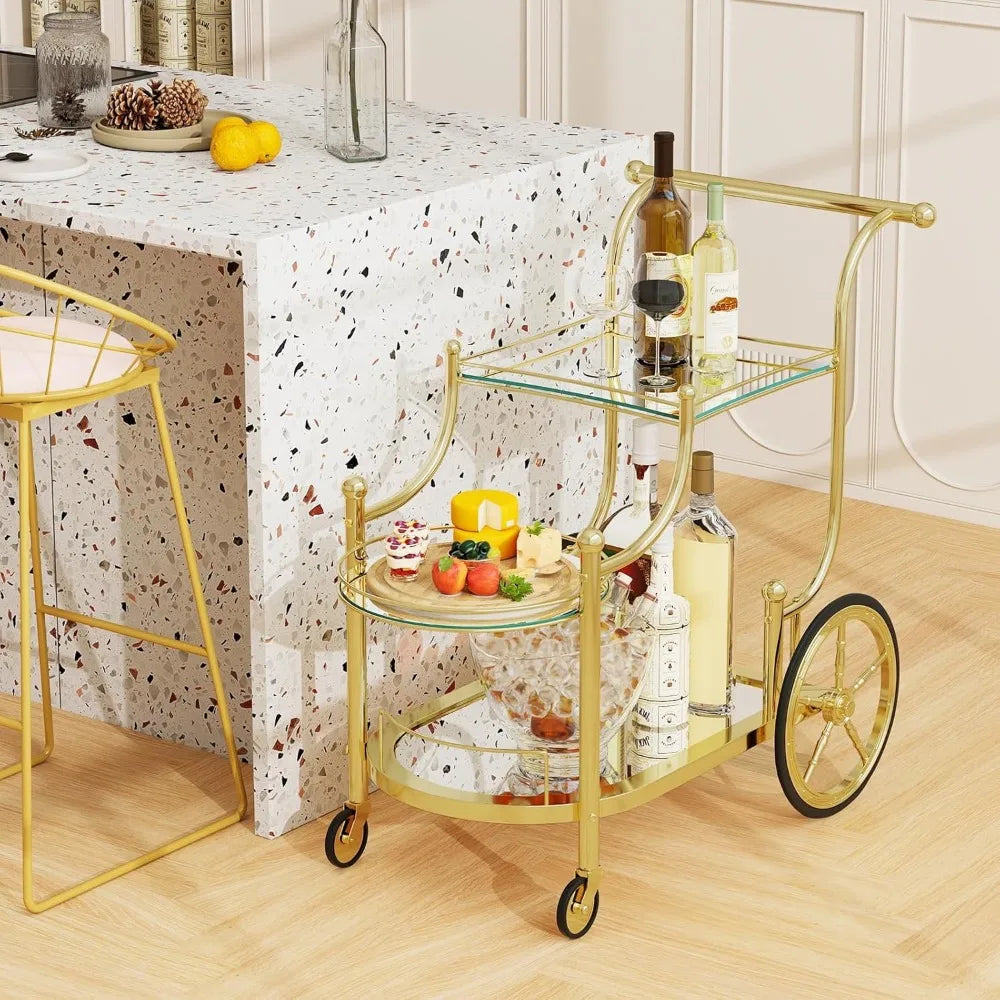 3-Tier Rolling Bar Cart with mirrored Shelves, 4 Wheels for Mobile Beverage & Wine in the Kitchen, Dining Room or Living Room