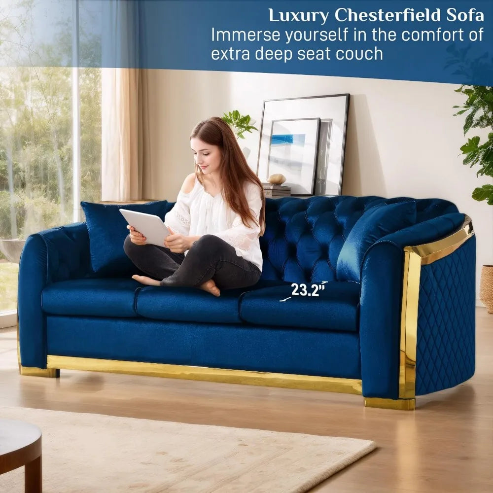 81" 3 Seater Modern Mid Century Velvet Chesterfield Blue and Gold Luxury Curved Loveseat and Sofa Couch for Living Room