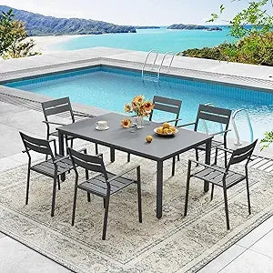 7 Pieces Outdoor Metal Frame Patio Dining Set, with 6 Cream Stackable Metal Chairs and 63" Sand shell Rectangle Dining Table