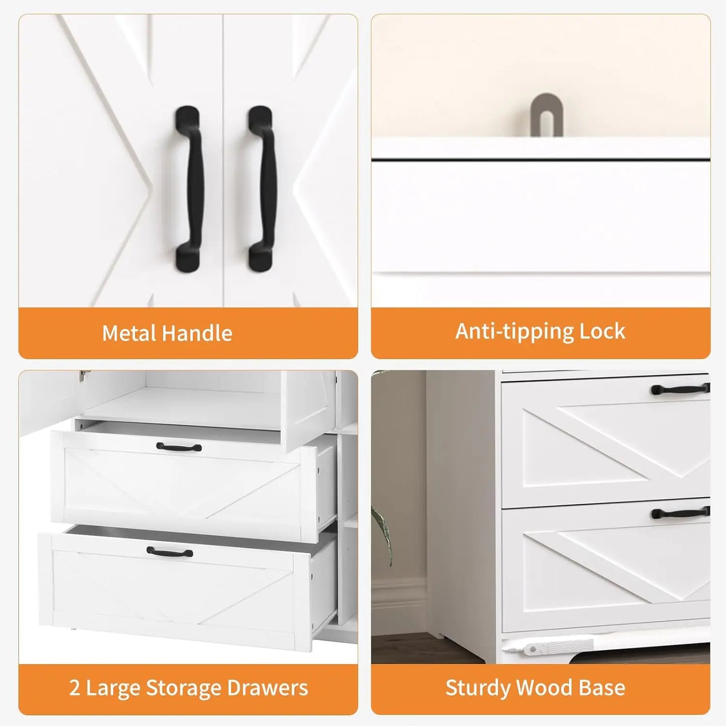 White3-Doors Farmhouse Armoire w/Mirror Door & LED Lights, Drawers & Adjustable Shelves - Wooden Wardrobe for Bedroom
