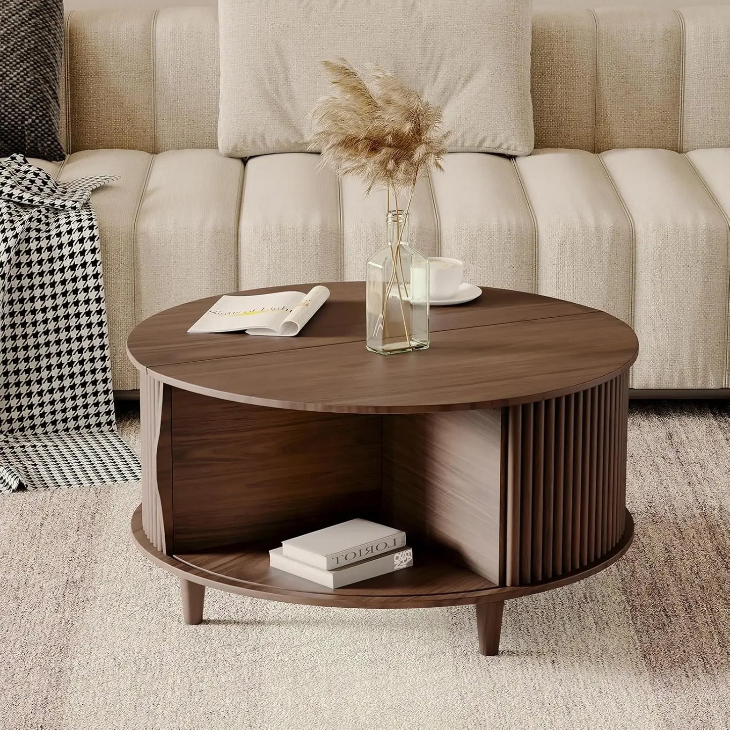 Modern Mid Century Round Coffee Table with Storage and Sliding Cabinet Door for the Living Room Home Center