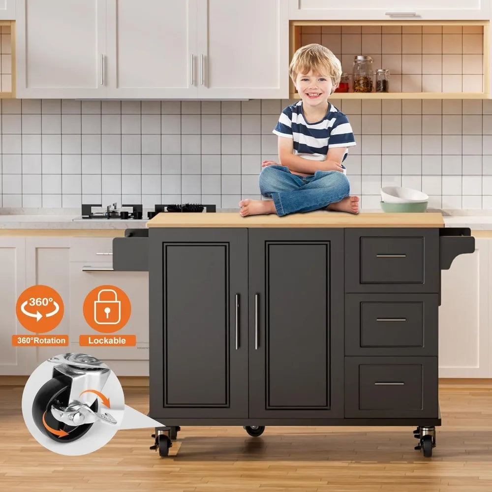 54" Large Rolling Kitchen Island Cart On Wheels with Drop Leaf 3 Drawers 1 Cabinet, Spice and Towel Rack Mobile Kitchen
