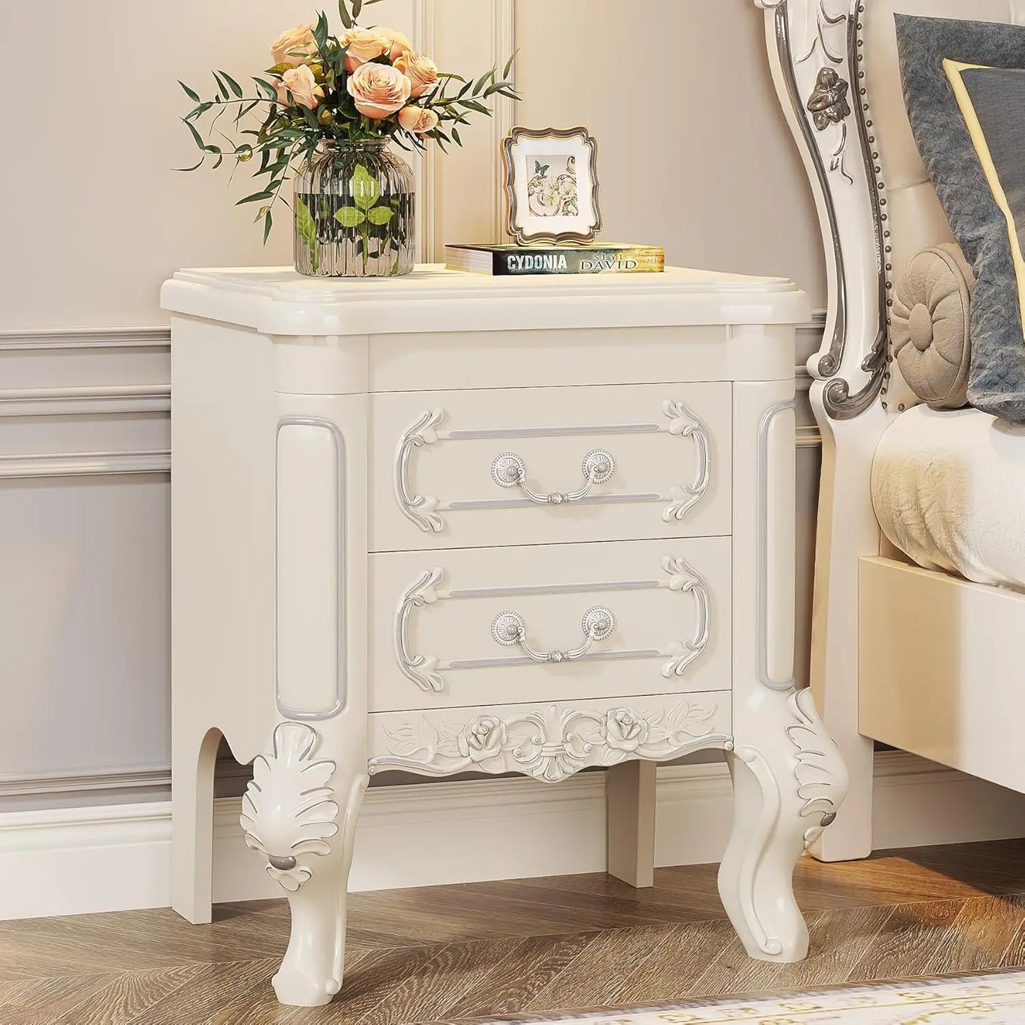 White Classic Carved Nightstand or End Tables with 2 Drawers for Bedroom