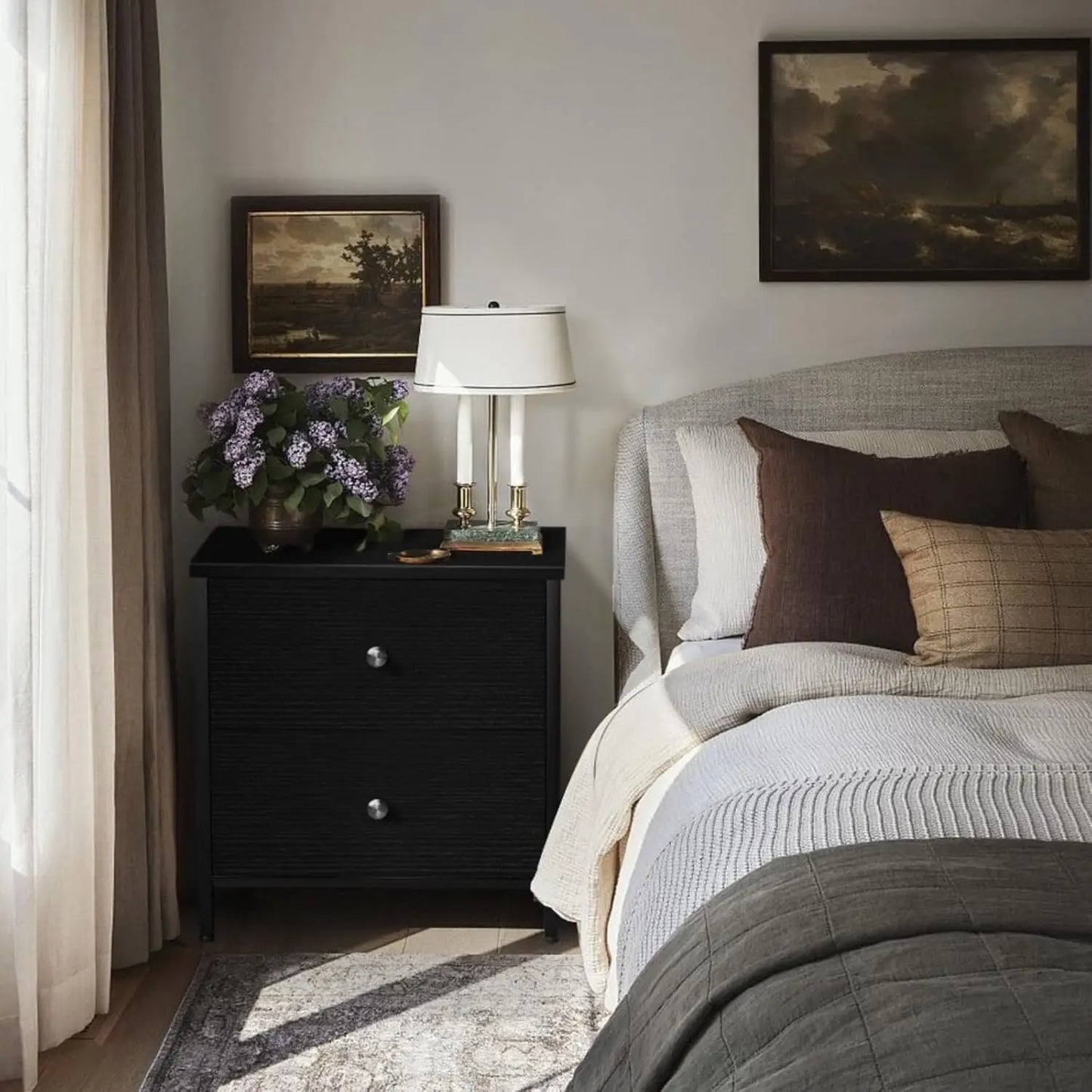 Modern Small Black Nightstands Set of 2 with 2 Fabric Drawers Dresser for Bedroom