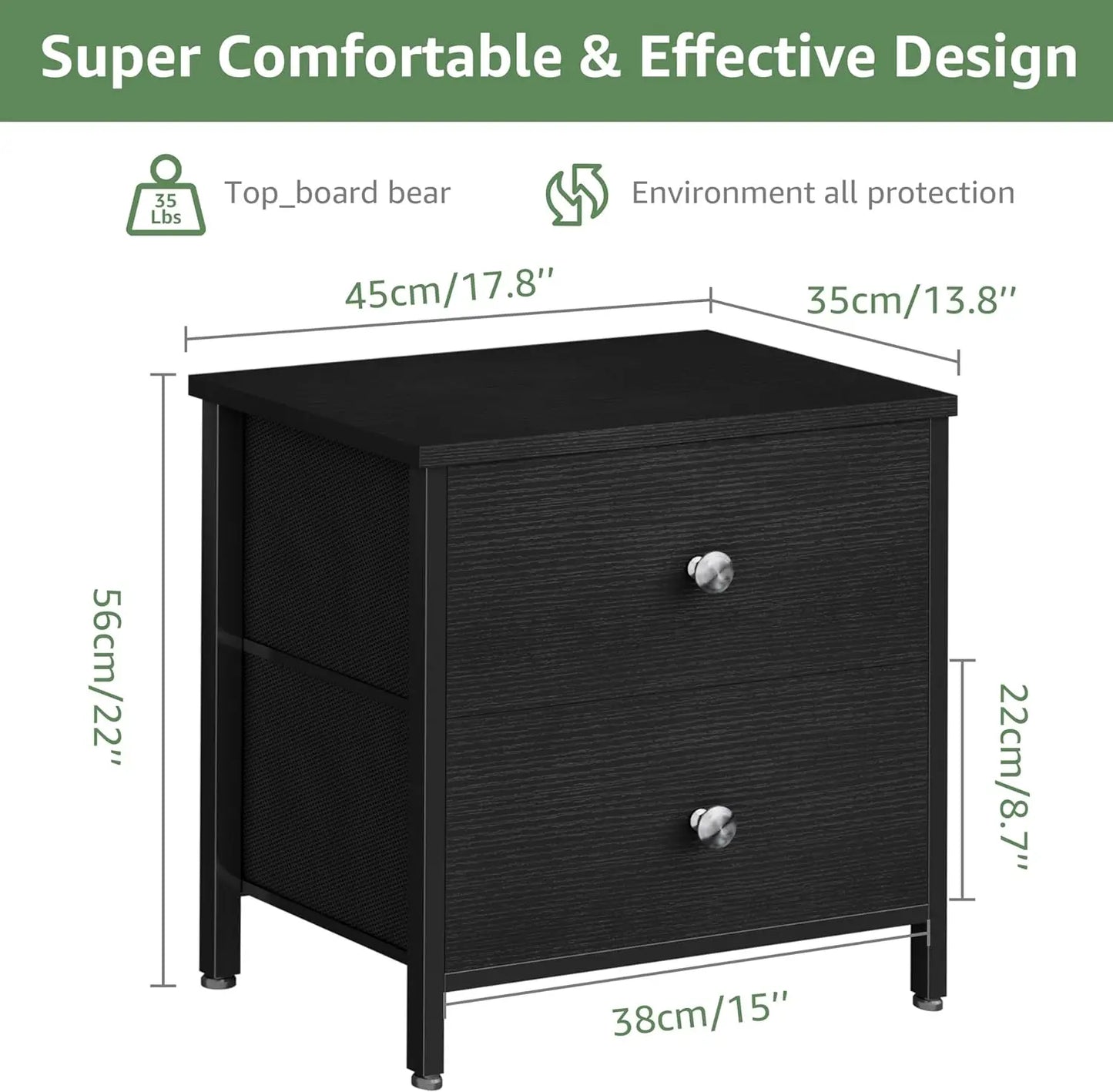 Modern Small Black Nightstands Set of 2 with 2 Fabric Drawers Dresser for Bedroom