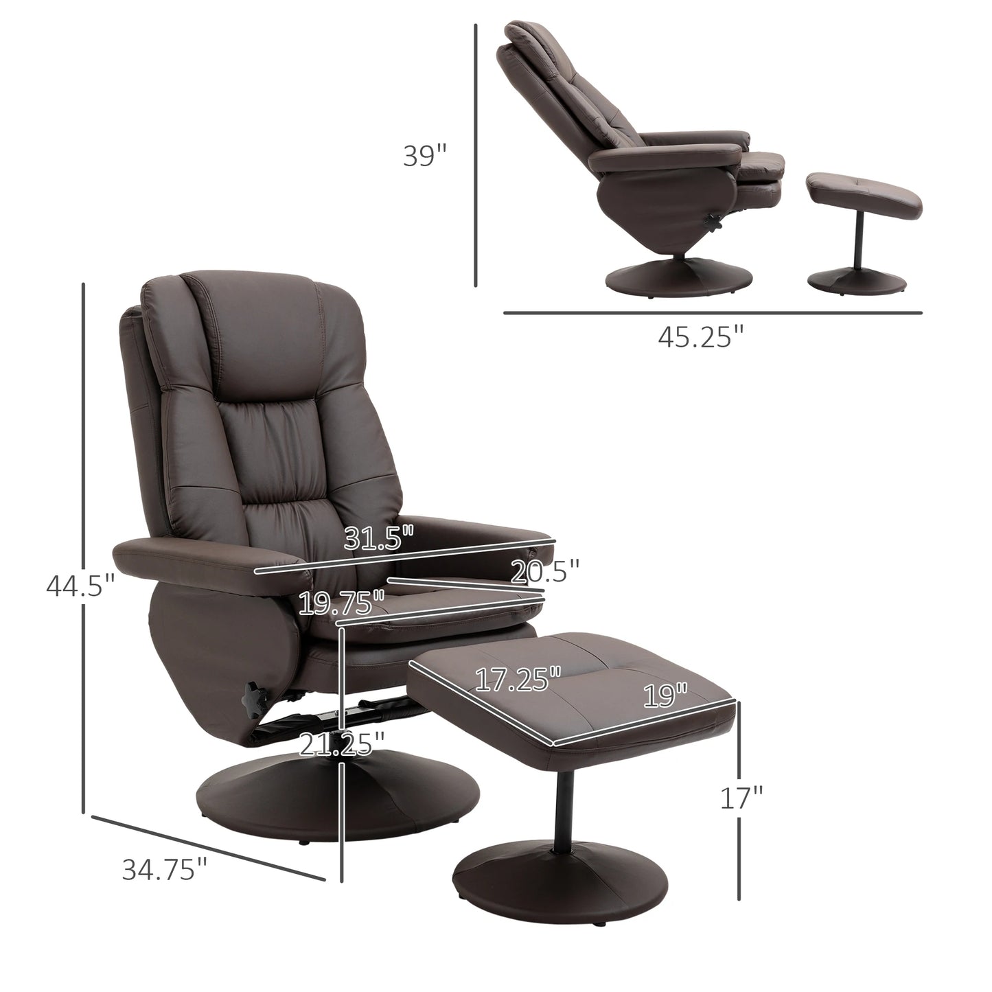 Modern PU Leather Recliner Chair with Footrest and Ottoman for the Living Room, Brown