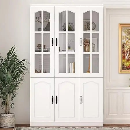 Freestanding Kitchen Pantry with 3 Glass Doors, Tall Kitchen Pantry Cabinet, 5-Tier Shelves, and Large Storage Cabinet Cupboard