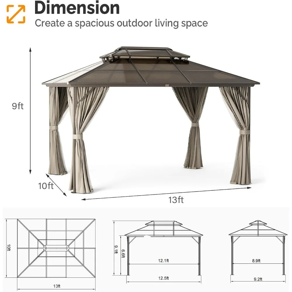 Hardtop Double Roof Canopy Gazebo with Polycarbonate Permanent Frame Pavilion with Curtains and Netting.