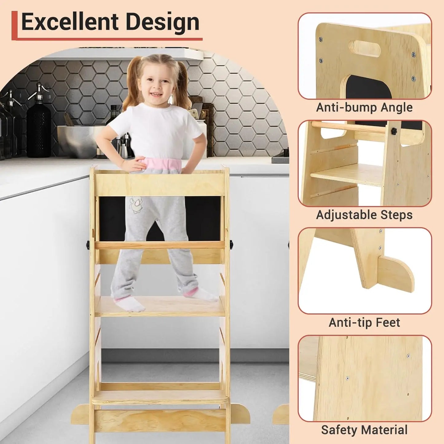 Wooden Toddlers Kitchen Step Stool with Blackboard & Safety Rails and Adjustable Montessori Learning Helper