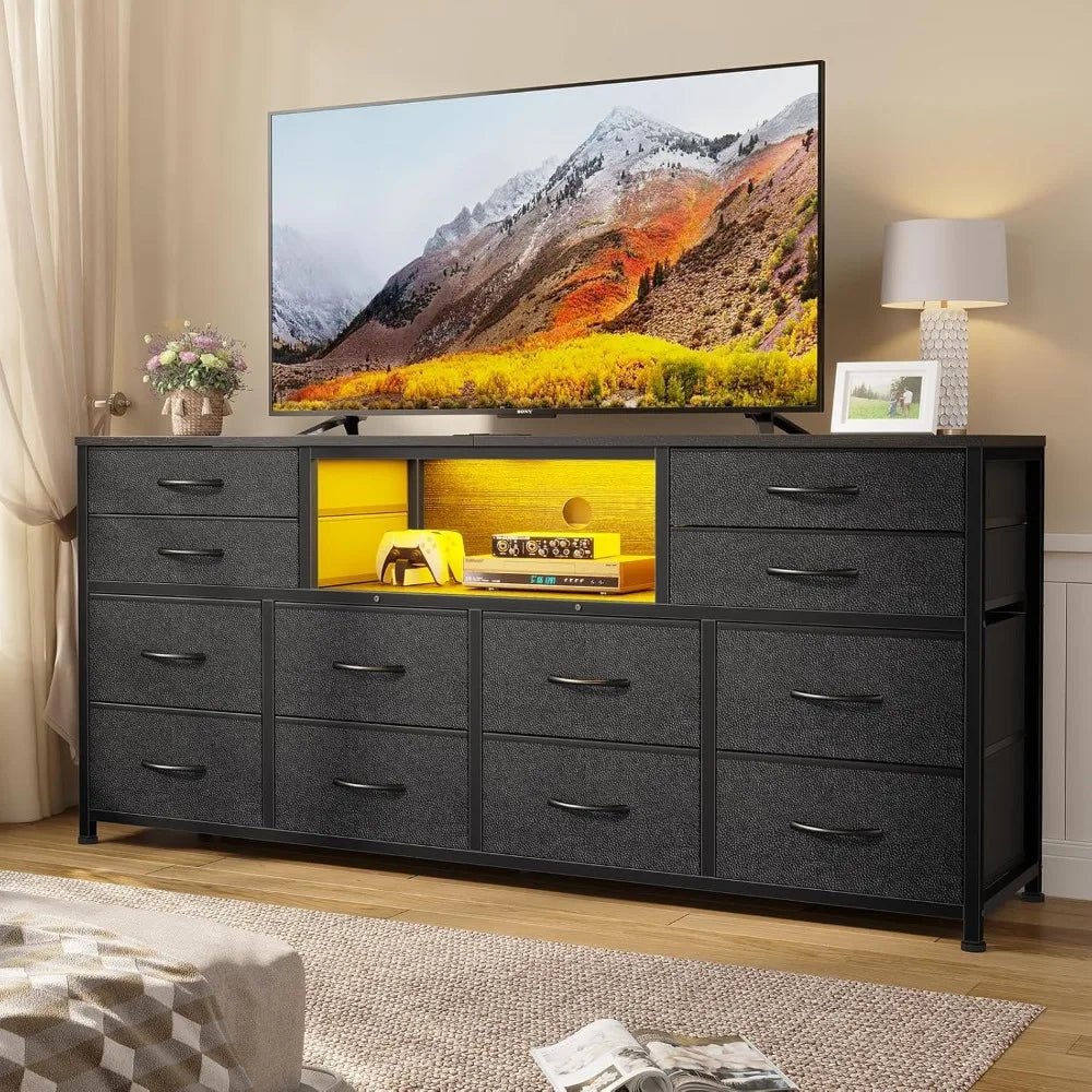 55" Entertainment LED TV Stand Dresser for Bedroom with Power Outlets,12 Drawers, and Media Console Table