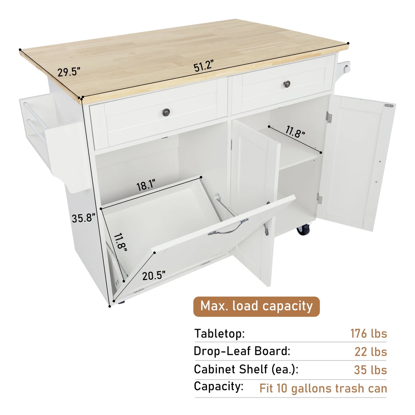 Kitchen Island Table on Wheels with Storage, Drop Leaf, Spice & Towel Rack