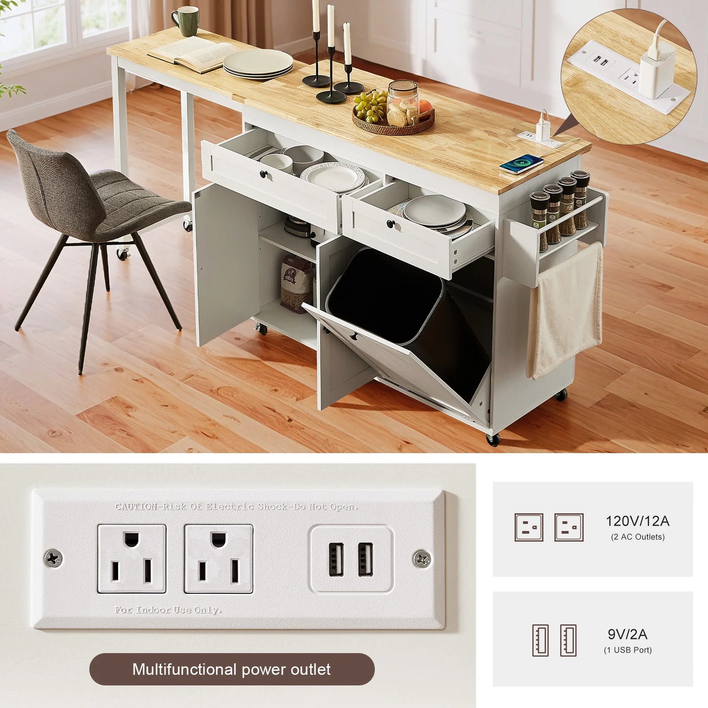 81.7" Mobile Kitchen Storage Islands with Extendable Dining Table, Rolling Kitchen Cart with Power Outlet, Trash Cabinet