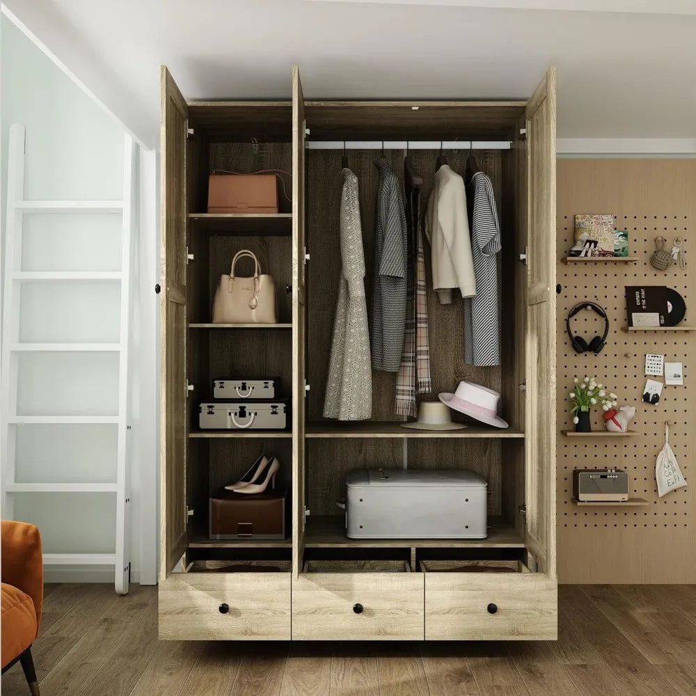 3-Door Rattan Wardrobe Armoire Closet with 3 Rattan Doors, 3 Drawers, Hanging Bar & 6 Shelves, Light Br