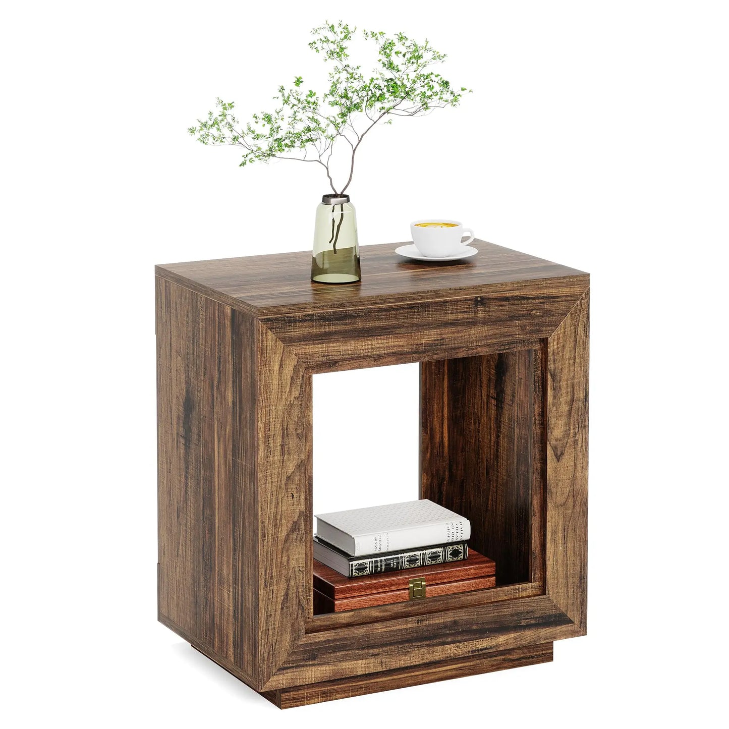 Rustic Wood 2 Tiered Square Side End Table with Storage for Living Room, Ent