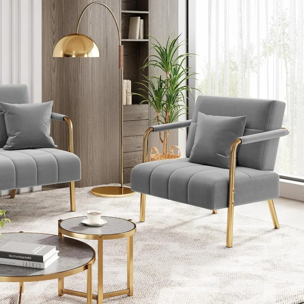 30" W Oversized Velvet Accent Armchair with Golden Frame & Cozy Pillows for the Living Room, Light Gray