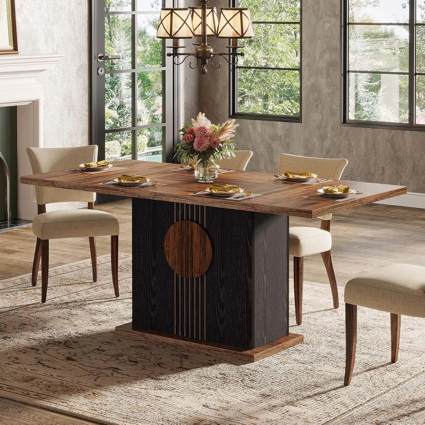 Rectangular Farmhouse Wood Dining Table for 4 to 6 People