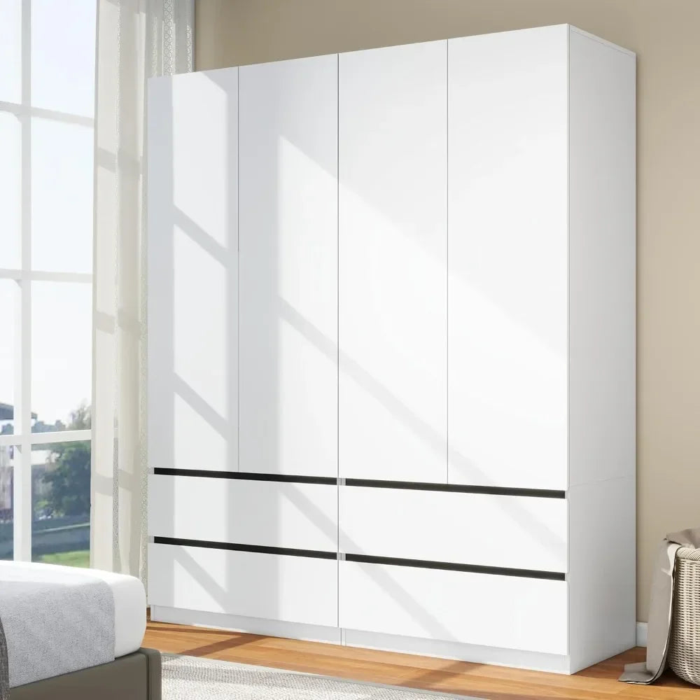 75" White Wooden Wardrobe with Drawers and Doors