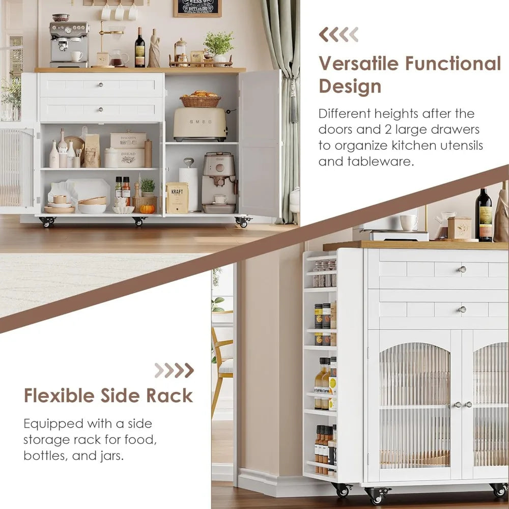 Rolling Kitchen Island on Wheels with Storage, Wood Drop Leaf Countertop and Spice Rack