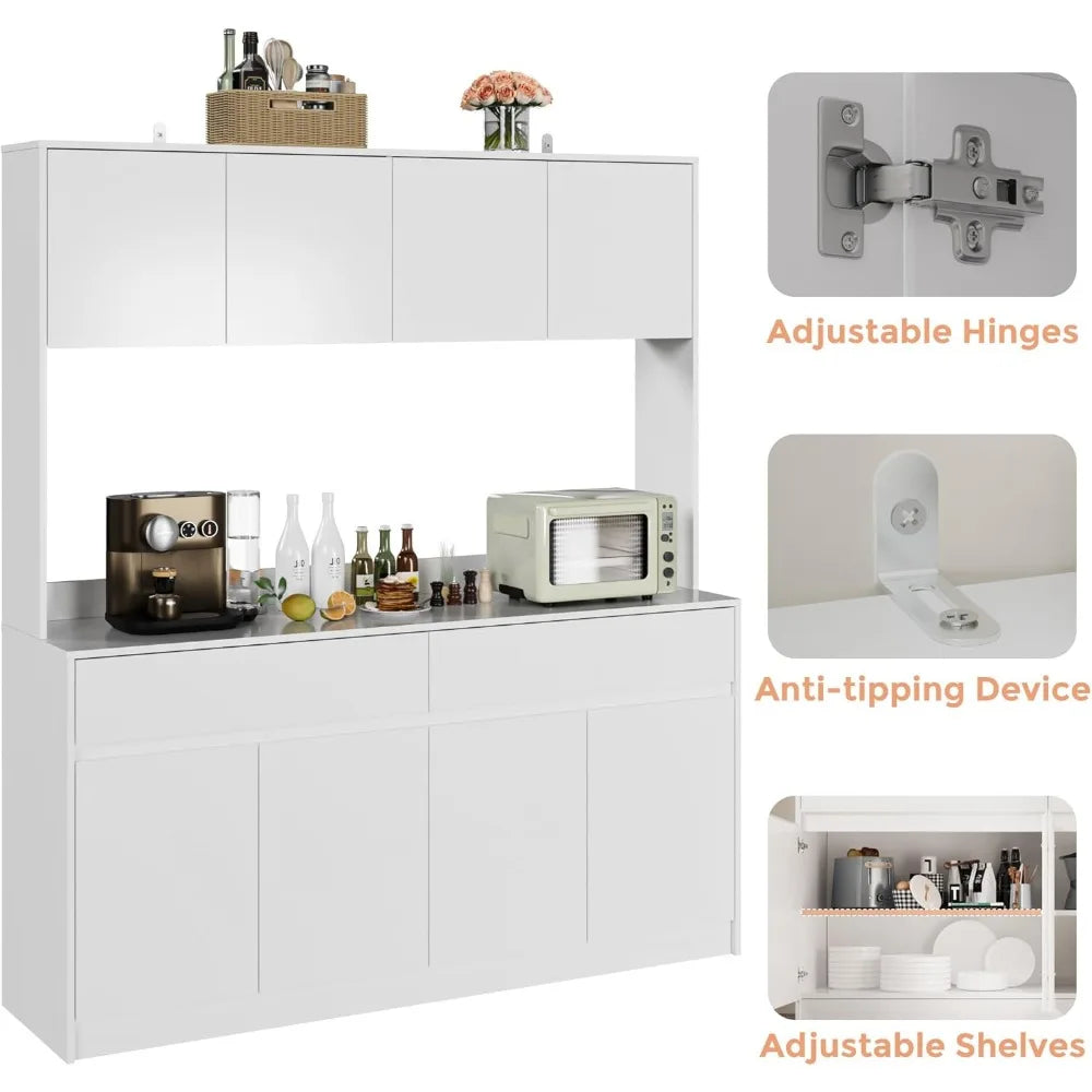 71" Kitchen Pantry Cabinet Hutch with Microwave Stand, Buffet Cabinet with Large Storage Drawers for Dining Room (White