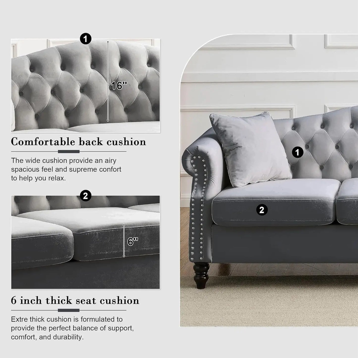 Chesterfield Classic Design Velvet Sofa Set 3-Seater and Loveseat with Pillows and Rolled Arms Nail head Trim for Living Room