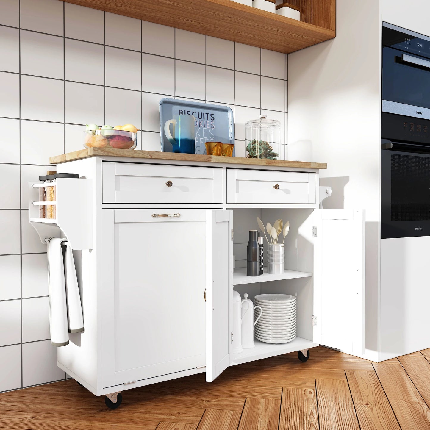 Kitchen Island Table on Wheels with Storage, Drop Leaf, Spice & Towel Rack