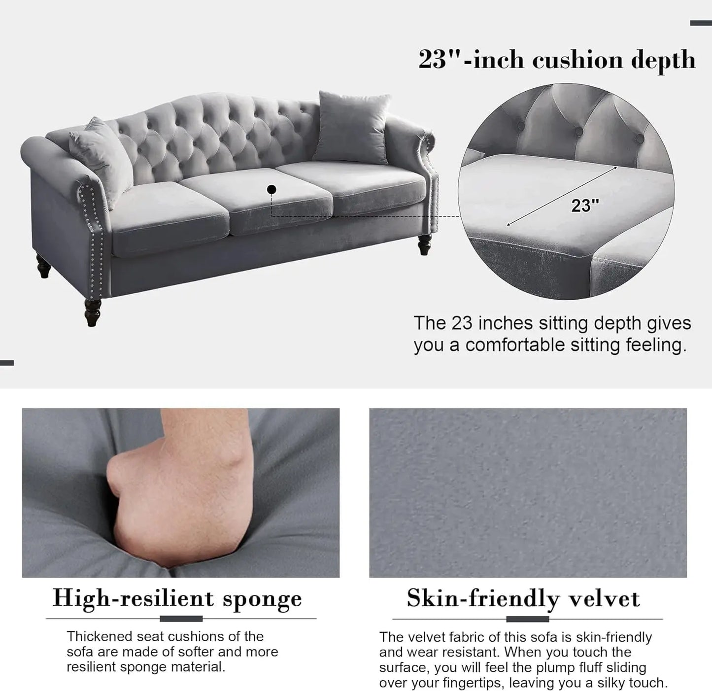 Chesterfield Classic Design Velvet Sofa Set 3-Seater and Loveseat with Pillows and Rolled Arms Nail head Trim for Living Room