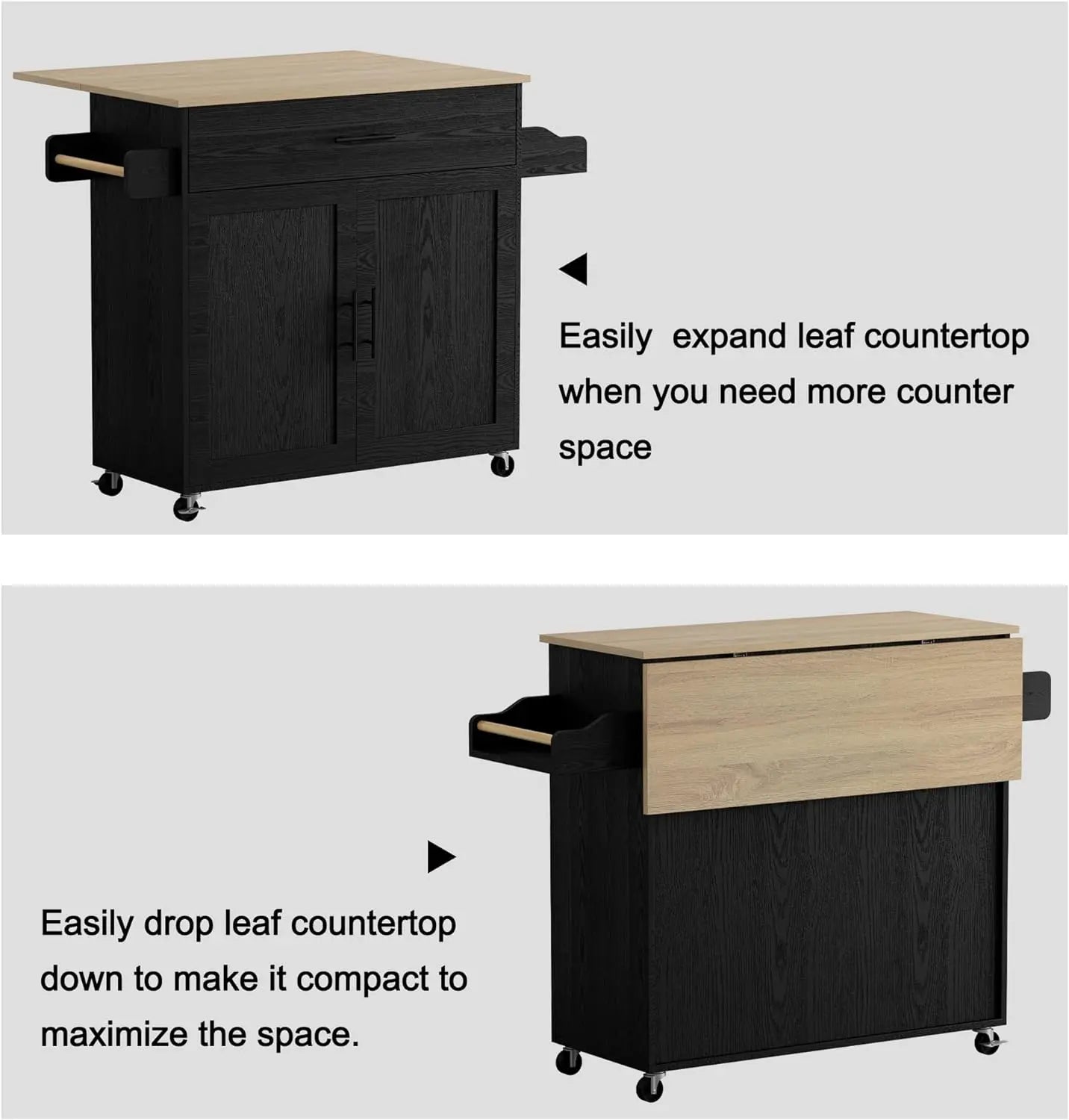 Rolling Kitchen Island Table on Wheels with Drop Leaf, Storage Cabinet, Drawer, Spice Rack, Towel Rack, Kitchen Cart, White