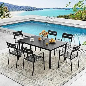 7 Pieces Outdoor Metal Frame Patio Dining Set, with 6 Cream Stackable Metal Chairs and 63" Sand shell Rectangle Dining Table