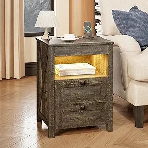 Set of 2 LED Farmhouse Nightstand or Bedside Tables with Gun Drawer, Charging Station for Bedroom
