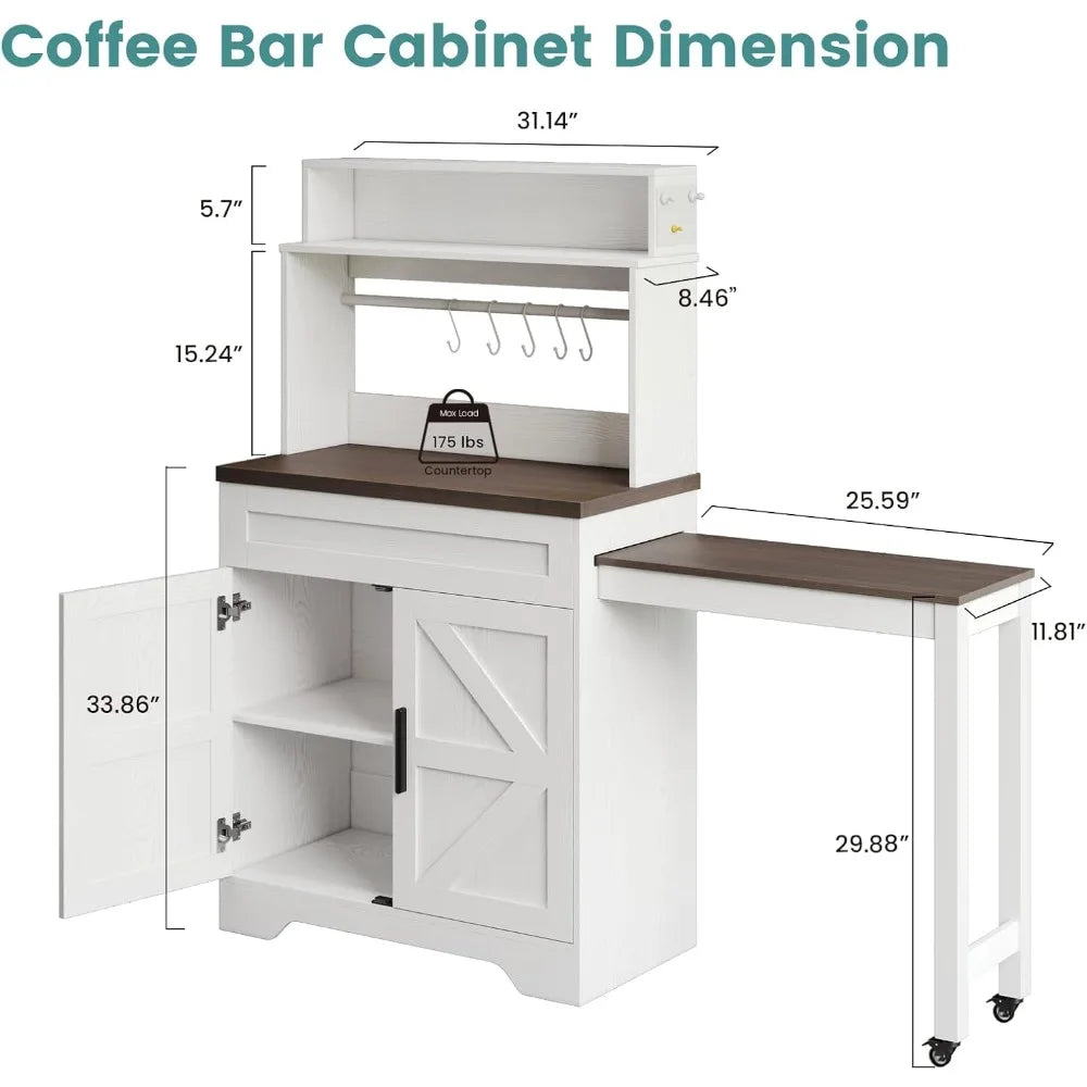 56.7" Extendable Farmhouse Coffee Bars Cabinet with Hutch, Buffet Sideboard, 5 Hooks , Adjustable and Magnetic Note Zone