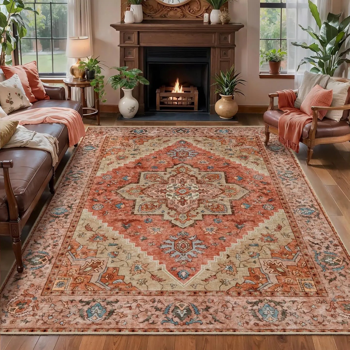 4'x6' Washable Vintage Distressed Turmeric Area Rug for Living Room or Bedroom