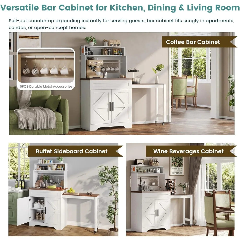 56.7" Extendable Farmhouse Coffee Bars Cabinet with Hutch, Buffet Sideboard, 5 Hooks , Adjustable and Magnetic Note Zone