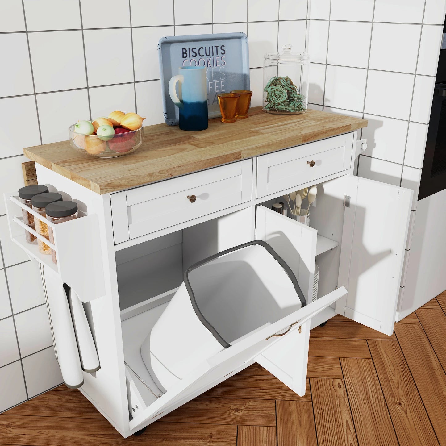 Kitchen Island Table on Wheels with Storage, Drop Leaf, Spice & Towel Rack