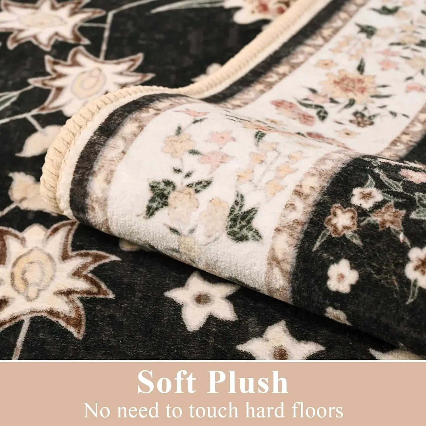 Washable Vintage Floral Print Soft Low Pile Non-Slip Rugs for Living Room and Bedroom
