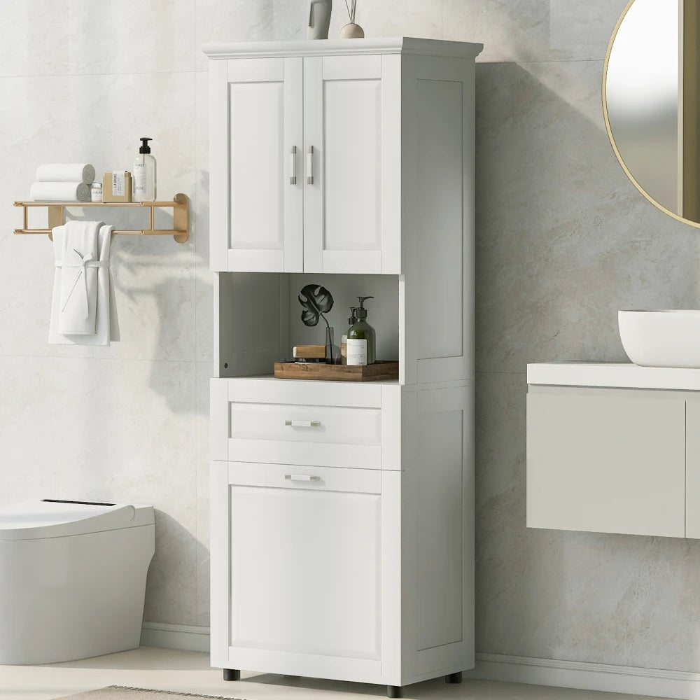 Tall Bathroom Cabinet with Laundry Basket, Large Storage Space, Tilt-Out Laundry Hamper and Upper Storage Cabinet, White