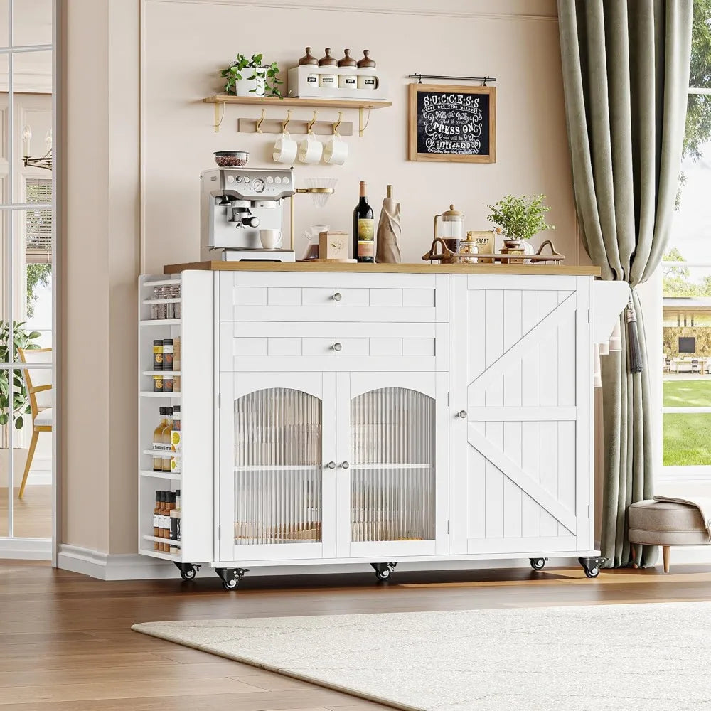 Rolling Kitchen Island on Wheels with Storage, Wood Drop Leaf Countertop and Spice Rack