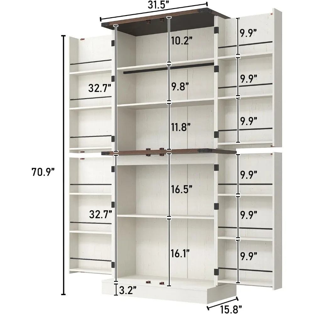 71" Tall Farmhouse Rustic Wood Kitchen Pantry Cabinet with Adjustable Shelves & 4 Barn Doors & Drawers