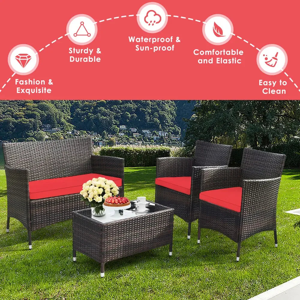 8PCS Weather and Sun Proof Rattan Patio Conversation Set w/ Red Cushion