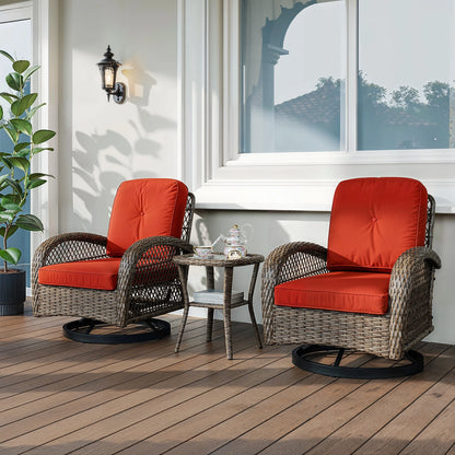 3 Pieces Outdoor Rotating Rocking Chair Patio Bistro Set with Cozy and Padded Cushions.