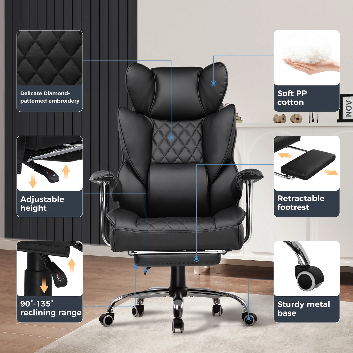 Big and Tall Gaming Chair with Pocket, Spring Lumbar Support, Ergonomic , for Office Chair with Footrest