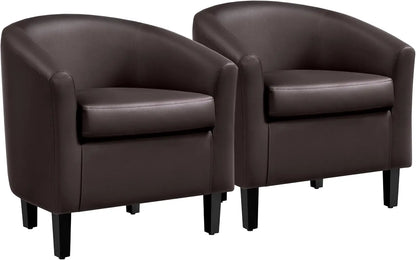 Modern Accent Set of 2 Faux Leather Barrel Comfy Club Armchairs with Soft Seat for Living Room