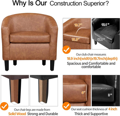 Modern Accent Set of 2 Faux Leather Barrel Comfy Club Armchairs with Soft Seat for Living Room