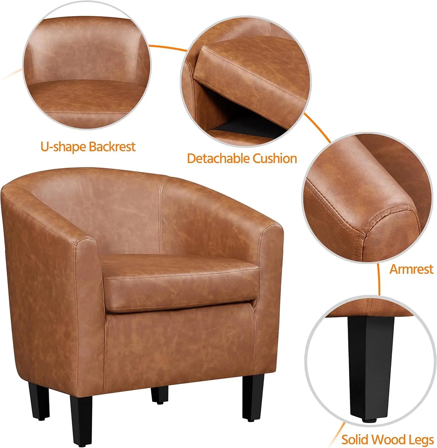 Modern Accent Set of 2 Faux Leather Barrel Comfy Club Armchairs with Soft Seat for Living Room